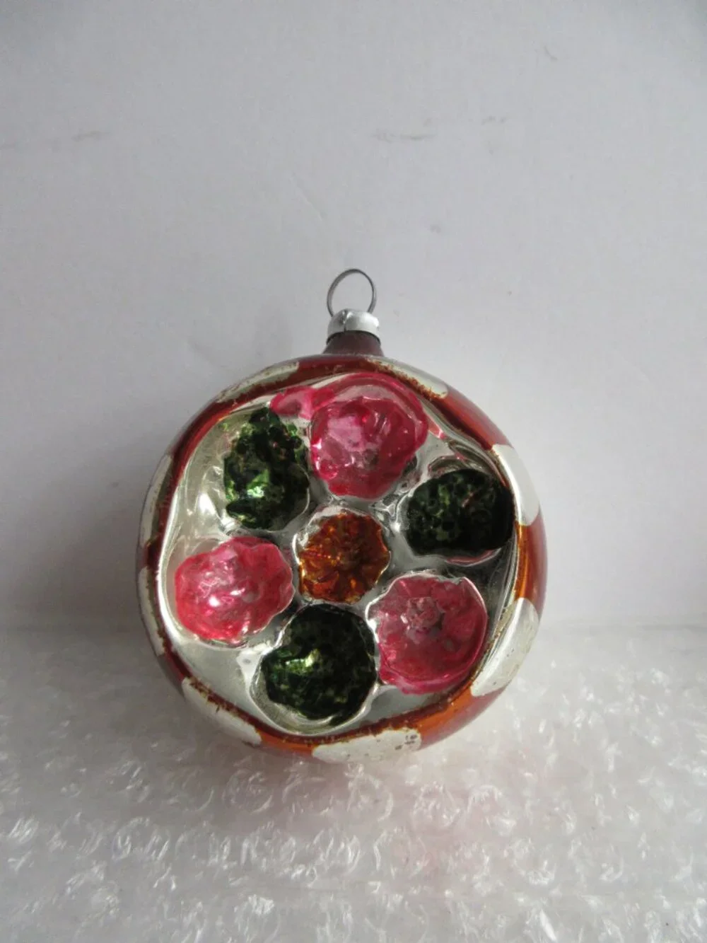 German Indent Glass Reflector Christmas Ornament Lot of 2 Pink Green Silver Vtg